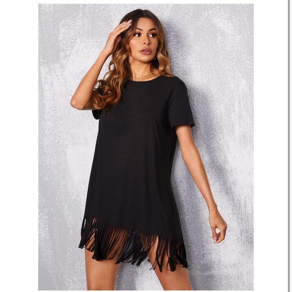 Short Sleeve Crewneck Fringe Hem T-shirt Dress - Picture 4 of 8
